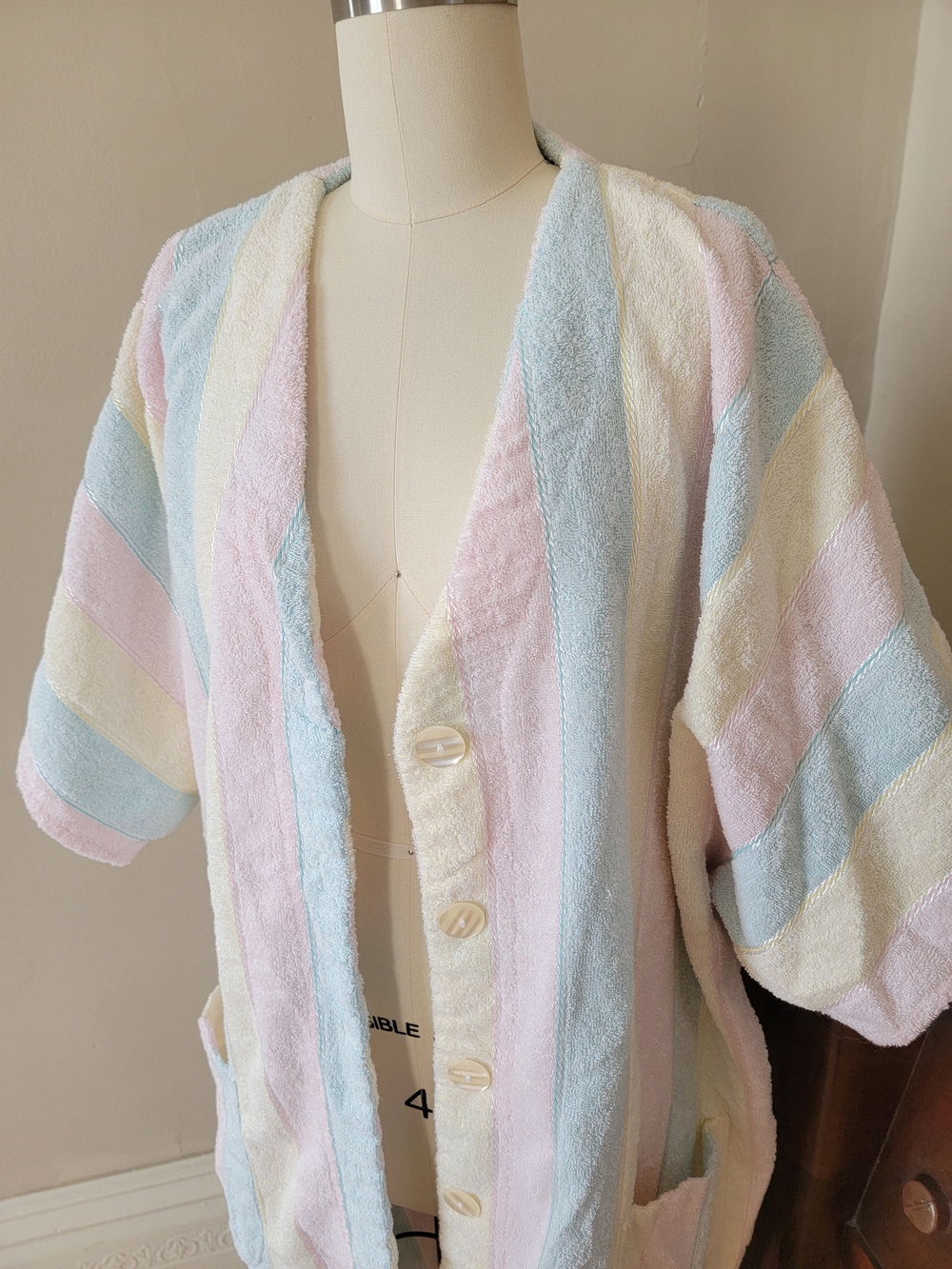 Vintage Pastel Stripe Terry Bath Robe Pink, Blue, Yellow Swim Cover Up 3X - Picture 2 of 7